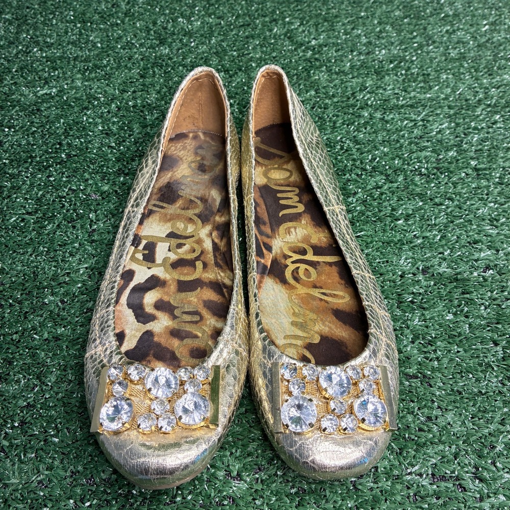 Sam Edelman S-Caper Snakeskin Rhinestone Glam Ballet Flats Gold Womens Size 7M